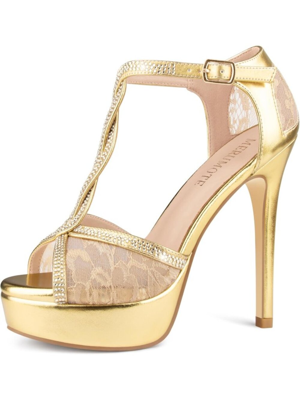 Women's Gold Matte Peep Toe Platform Stilettos Sparkly Rhinestone Lace Heels